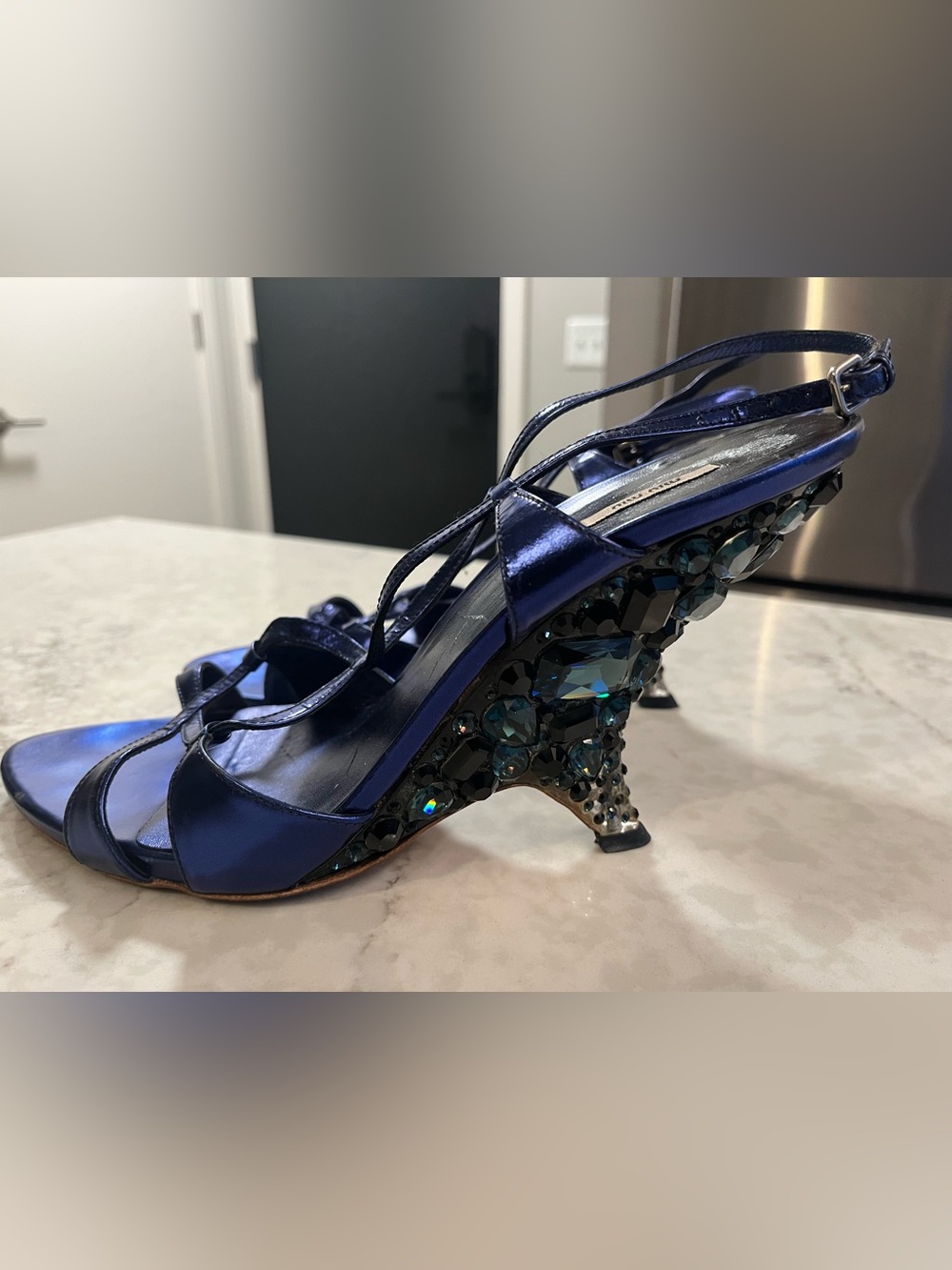 Miu Miu Metallic Blue Jeweled Slingback Heels
